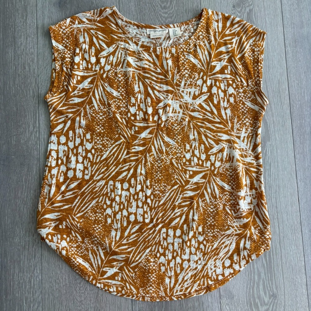 Christian Siriano Womens Mustard Beige Tropical 100% Linen Blouse Top Size M